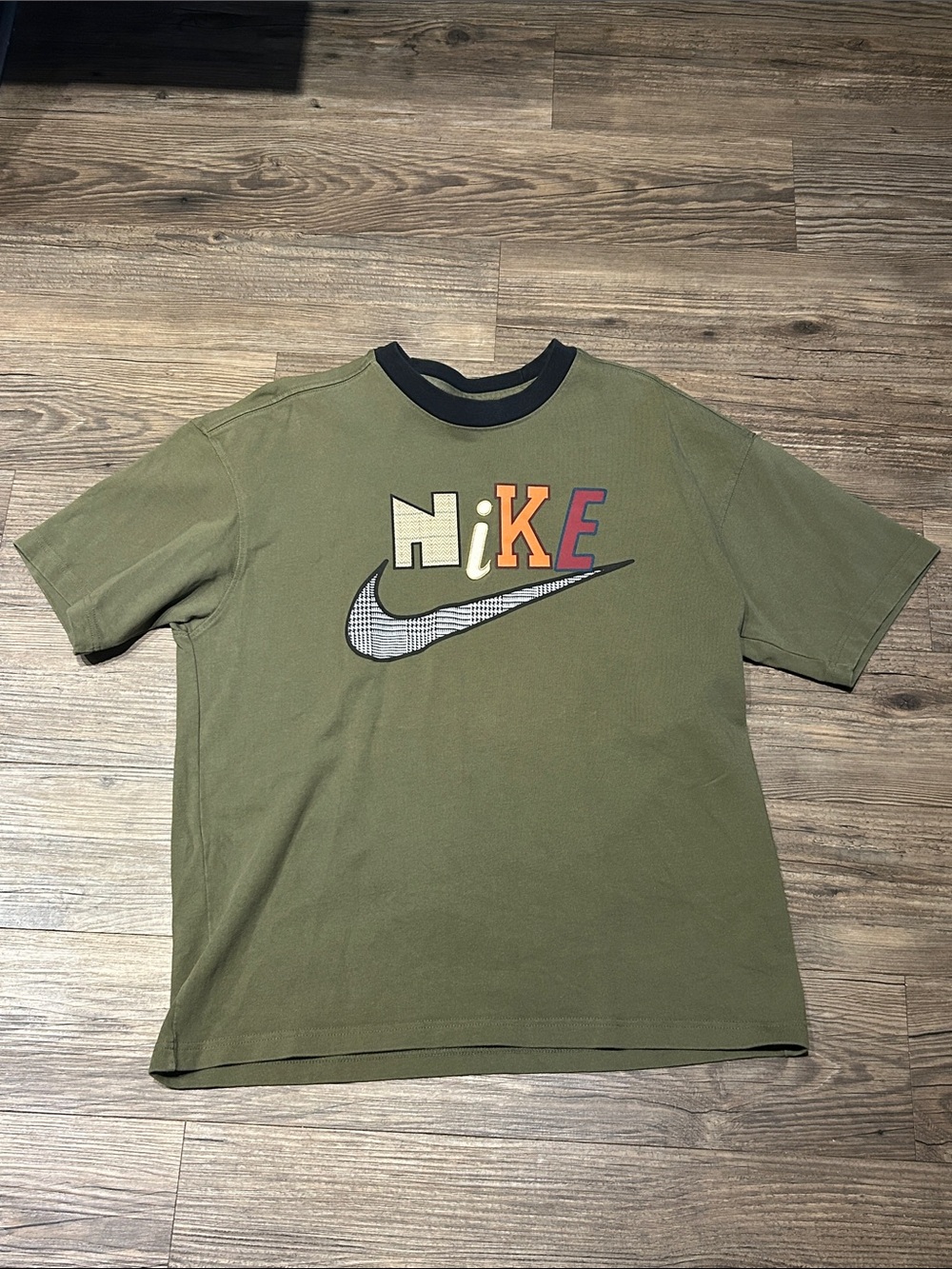 Nike Olive Green Logo Tee with Multicolor Letters